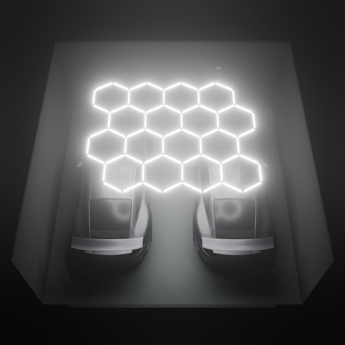 ULTRABEAM Hex Classic 16-Grid B, 3.7 x 3.1 m, lit on the ceiling of a 6 x 6 m double garage