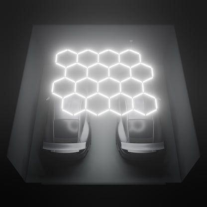 ULTRABEAM Hex Classic 16-Grid B, 3.7 x 3.1 m, lit on the ceiling of a 6 x 6 m double garage
