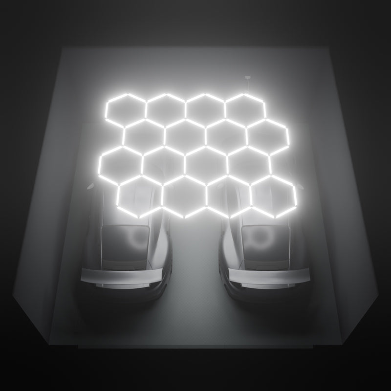 ULTRABEAM Hex Classic 16-Grid B, 3.7 x 3.1 m, lit on the ceiling of a 6 x 6 m double garage