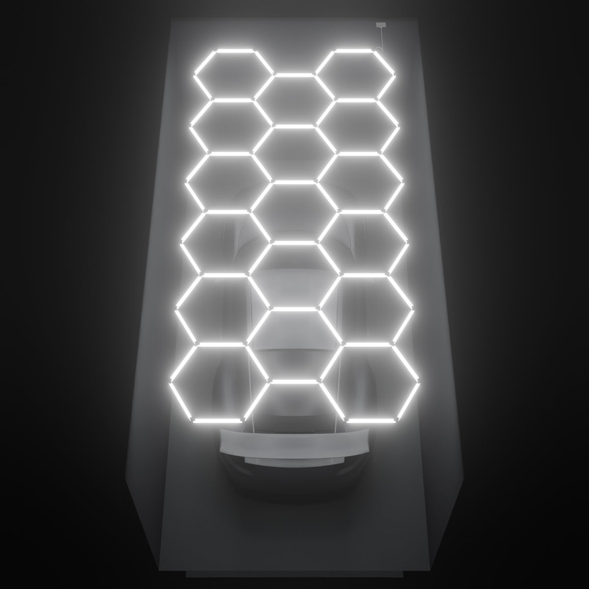 ULTRABEAM Hex Classic 17-Grid C, 4.9 x 2.4 m, lit on the ceiling of a 3 x 6 m single garage