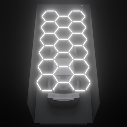 ULTRABEAM Hex Classic 17-Grid C, 4.9 x 2.4 m, lit on the ceiling of a 3 x 6 m single garage