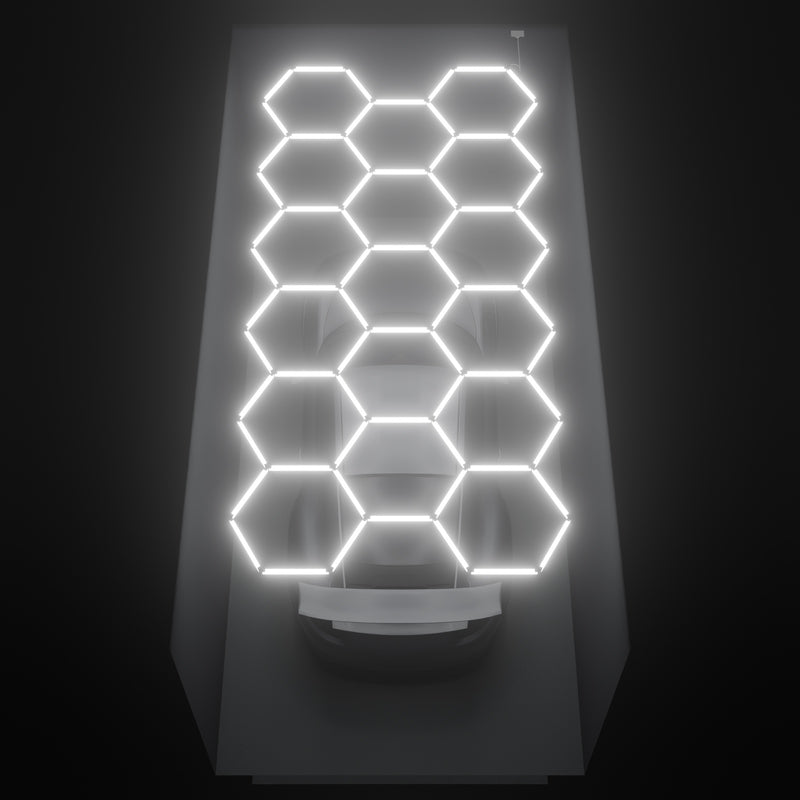ULTRABEAM Hex Classic 17-Grid C, 4.9 x 2.4 m, lit on the ceiling of a 3 x 6 m single garage