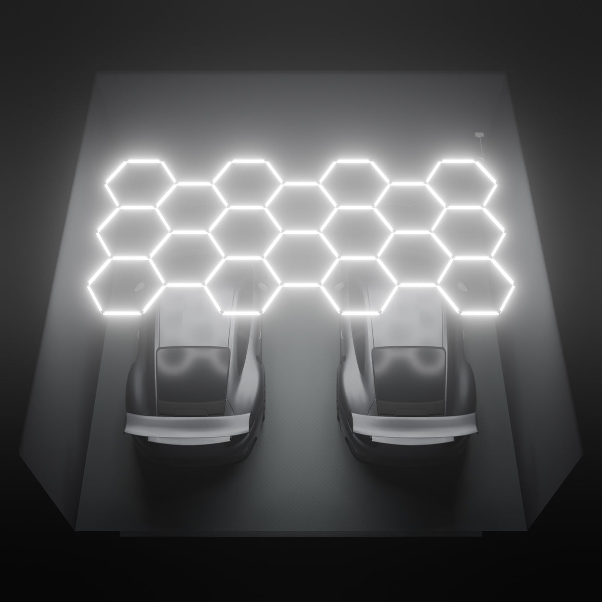 ULTRABEAM Hex Classic 18-Grid C, 5.2 x 2.5 m, lit on the ceiling of a 6 x 6 m double garage