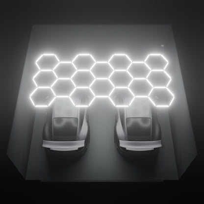 ULTRABEAM Hex Classic 18-Grid C, 5.2 x 2.5 m, lit on the ceiling of a 6 x 6 m double garage