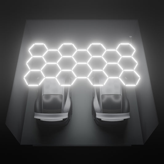 ULTRABEAM Hex Classic 18-Grid C, 5.2 x 2.5 m, lit on the ceiling of a 6 x 6 m double garage