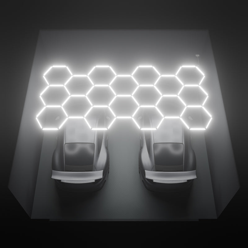 ULTRABEAM Hex Classic 18-Grid C, 5.2 x 2.5 m, lit on the ceiling of a 6 x 6 m double garage