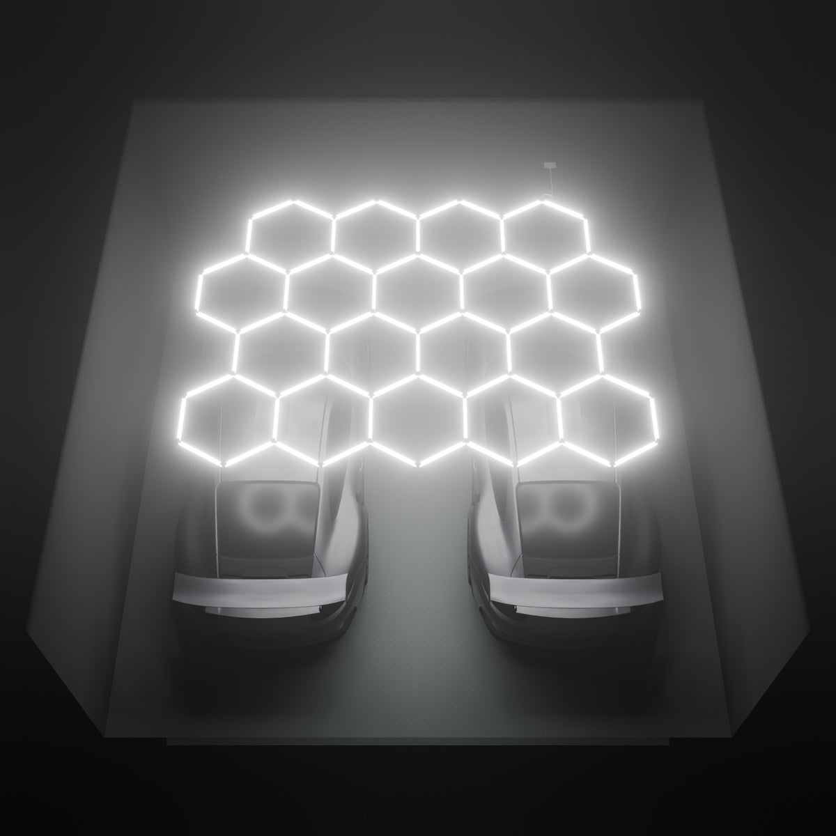 ULTRABEAM Hex Classic 18-Grid D, 4.1 x 3.1 m, lit on the ceiling of a 6 x 6 m double garage