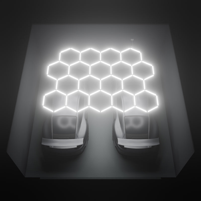 ULTRABEAM Hex Classic 18-Grid D, 4.1 x 3.1 m, lit on the ceiling of a 6 x 6 m double garage