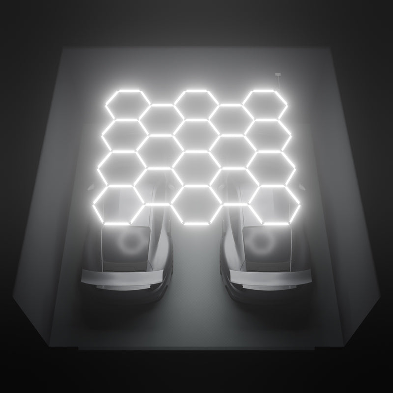 ULTRABEAM Hex Classic 18-Grid E, 3.8 x 3.3 m, lit on the ceiling of a 6 x 6 m double garage