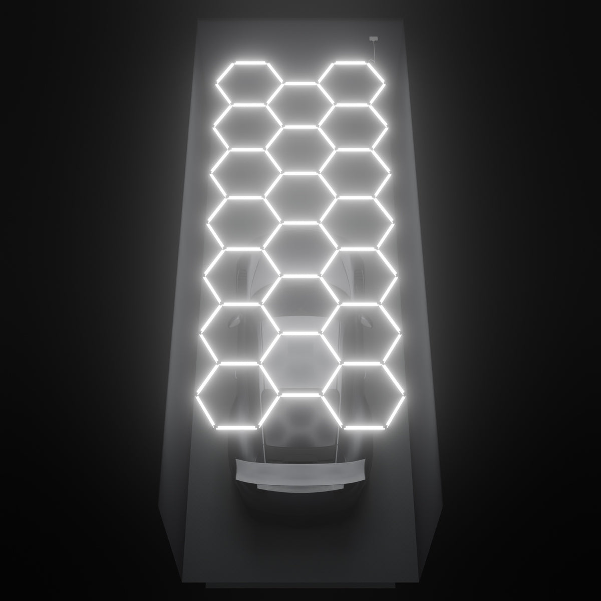 ULTRABEAM Hex Classic 20-Grid C, 5.7 x 2.4 m, lit on the ceiling of a 3 x 7.5 m single garage