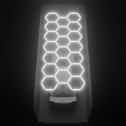 ULTRABEAM Hex Classic 20-Grid C, 5.7 x 2.4 m, lit on the ceiling of a 3 x 7.5 m single garage