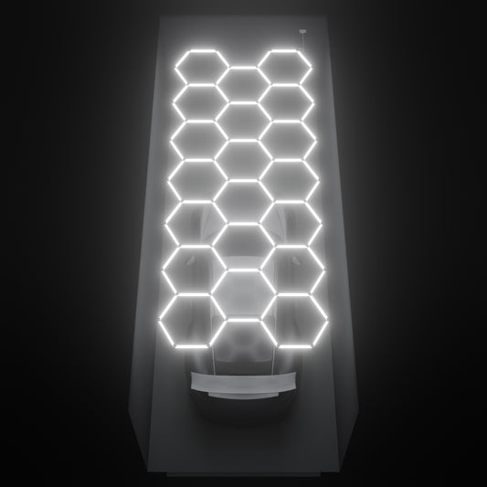 ULTRABEAM Hex Classic 20-Grid C, 5.7 x 2.4 m, lit on the ceiling of a 3 x 7.5 m single garage
