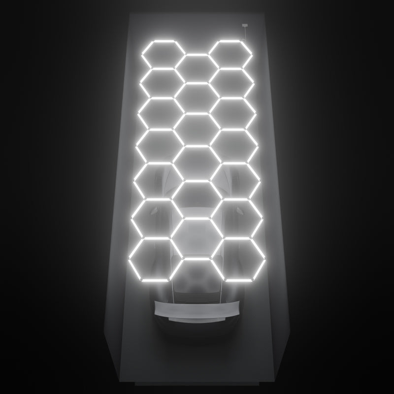 ULTRABEAM Hex Classic 20-Grid C, 5.7 x 2.4 m, lit on the ceiling of a 3 x 7.5 m single garage