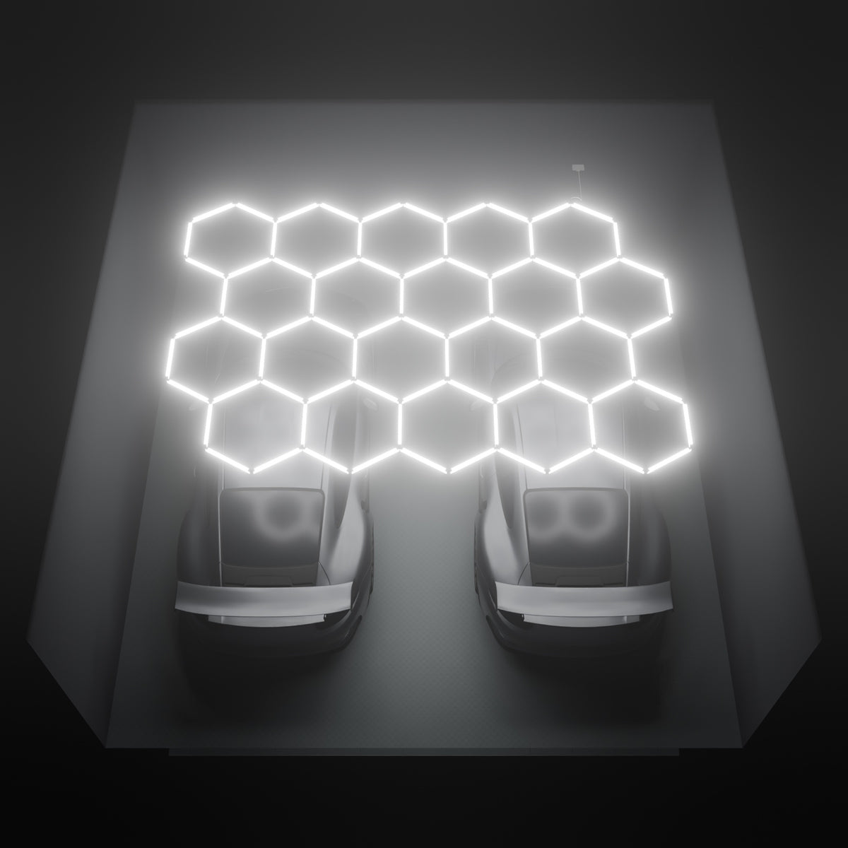 ULTRABEAM Hex Classic 20-Grid D, 4.5 x 3.1 m, lit on the ceiling of a 6 x 6 m double garage
