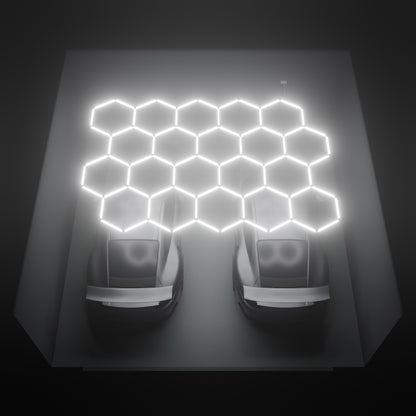 ULTRABEAM Hex Classic 20-Grid D, 4.5 x 3.1 m, lit on the ceiling of a 6 x 6 m double garage