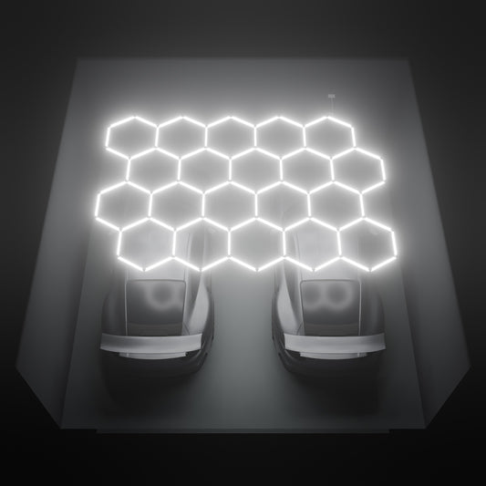 ULTRABEAM Hex Classic 20-Grid D, 4.5 x 3.1 m, lit on the ceiling of a 6 x 6 m double garage