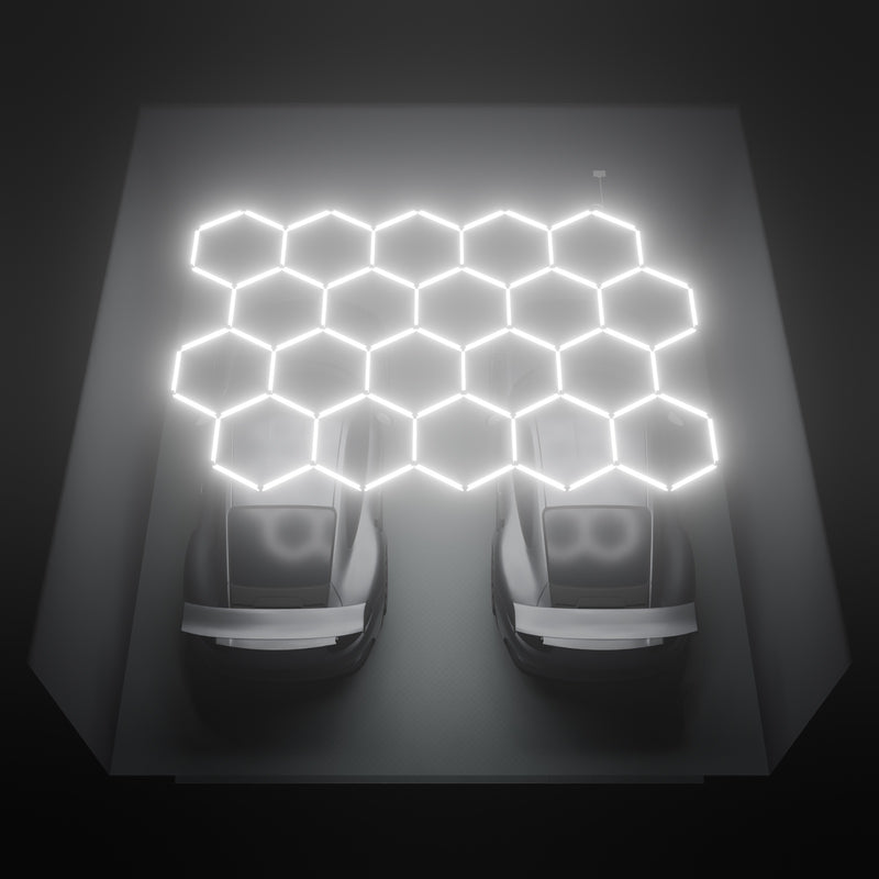ULTRABEAM Hex Classic 20-Grid D, 4.5 x 3.1 m, lit on the ceiling of a 6 x 6 m double garage