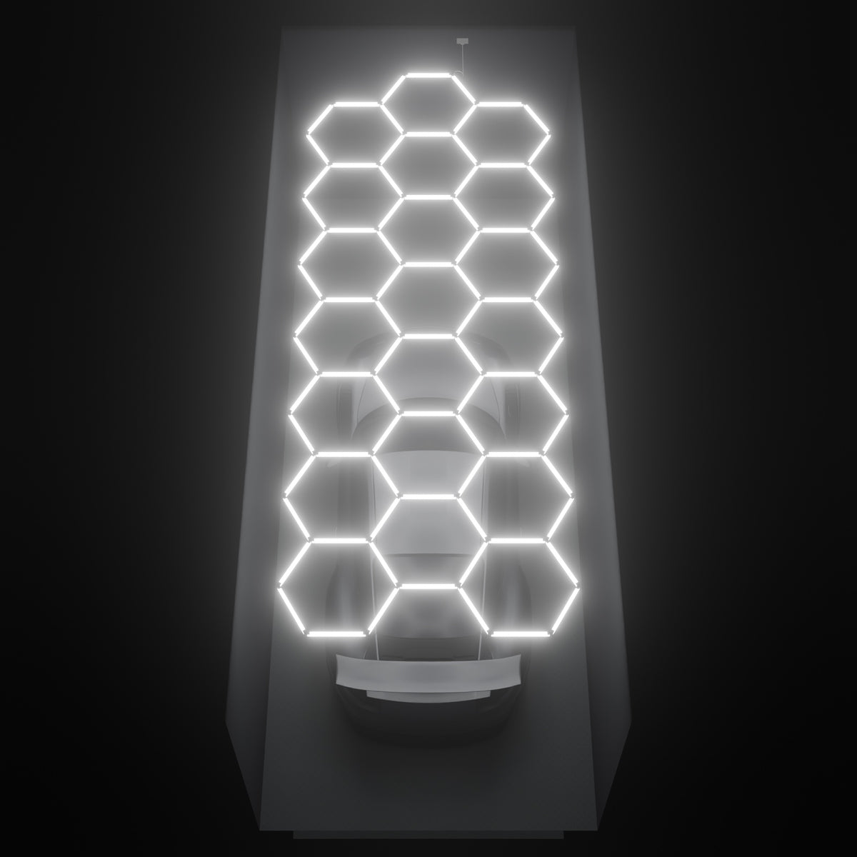 ULTRABEAM Hex Classic 21-Grid B, 6.1 x 2.4 m, lit on the ceiling of a 3 x 7.5 m single garage