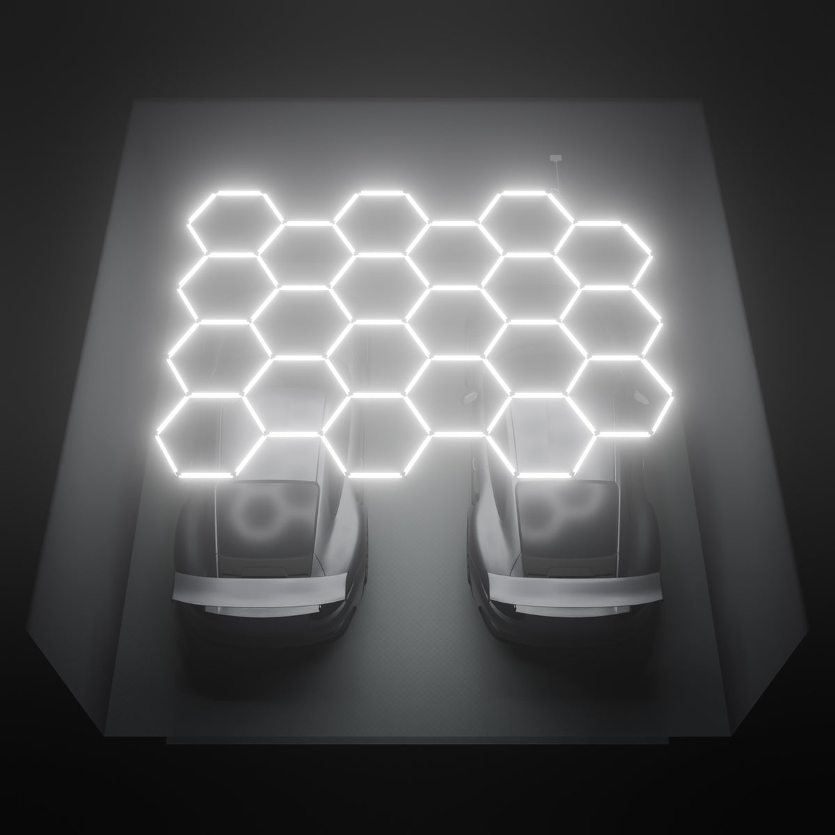 ULTRABEAM Hex Classic 21-Grid C, 4.5 x 3.3 m, lit on the ceiling of a 6 x 6 m double garage
