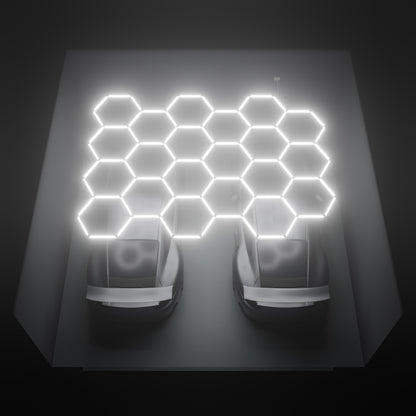 ULTRABEAM Hex Classic 21-Grid C, 4.5 x 3.3 m, lit on the ceiling of a 6 x 6 m double garage