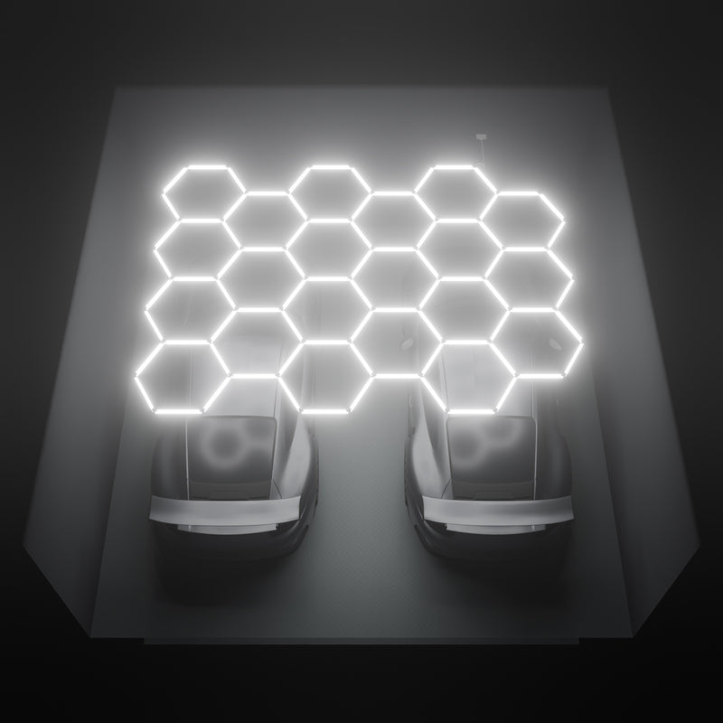 ULTRABEAM Hex Classic 21-Grid C, 4.5 x 3.3 m, lit on the ceiling of a 6 x 6 m double garage