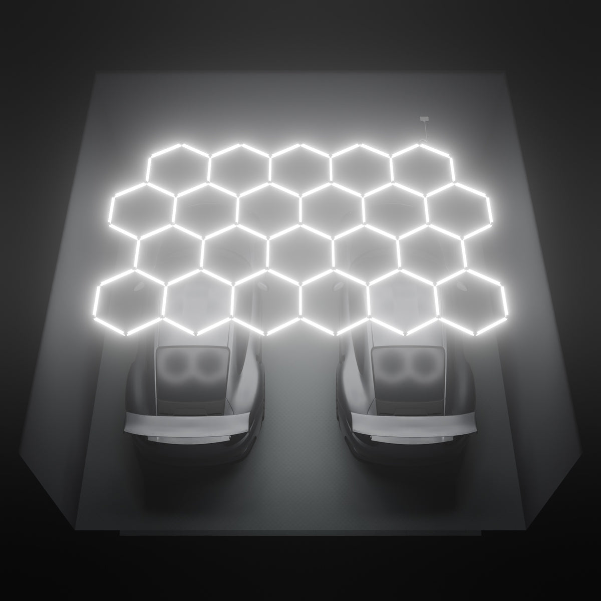 ULTRABEAM Hex Classic 22-Grid B, 4.9 x 3.1 m, lit on the ceiling of a 6 x 6 m double garage