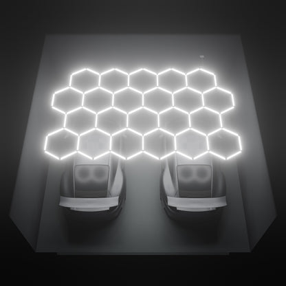 ULTRABEAM Hex Classic 22-Grid B, 4.9 x 3.1 m, lit on the ceiling of a 6 x 6 m double garage