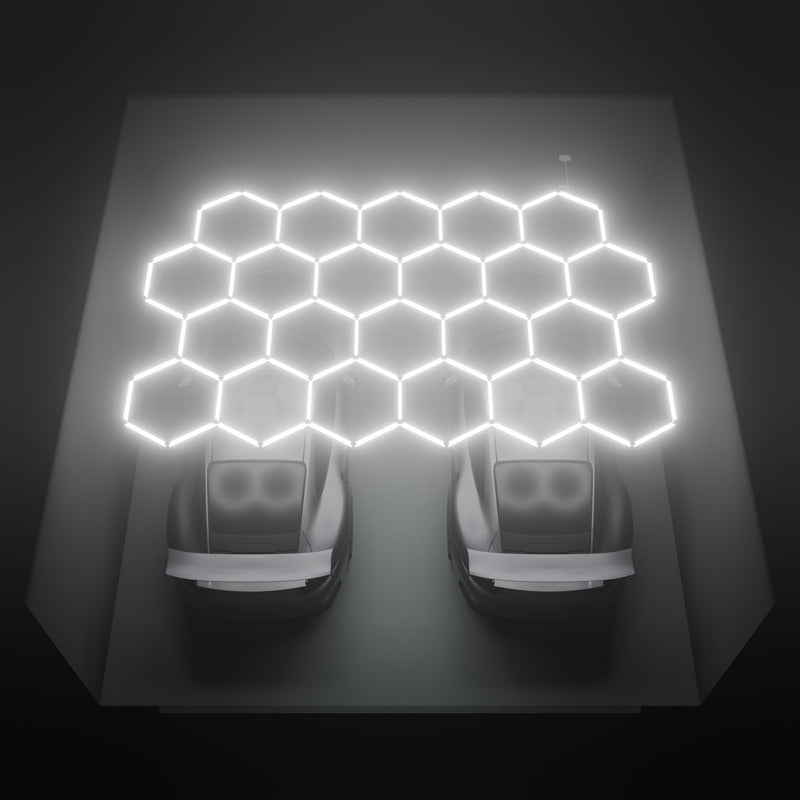 ULTRABEAM Hex Classic 22-Grid B, 4.9 x 3.1 m, lit on the ceiling of a 6 x 6 m double garage