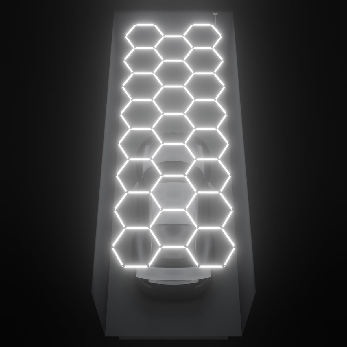 ULTRABEAM Hex Classic 23-Grid C, 6.5 x 2.4 m, lit on the ceiling of a 3 x 7.5 m single garage