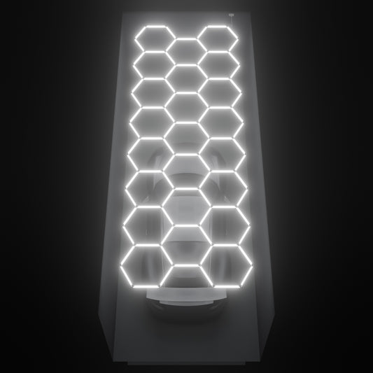 ULTRABEAM Hex Classic 23-Grid C, 6.5 x 2.4 m, lit on the ceiling of a 3 x 7.5 m single garage