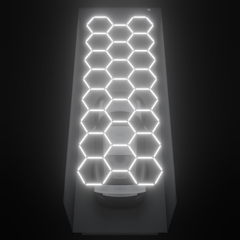 ULTRABEAM Hex Classic 23-Grid C, 6.5 x 2.4 m, lit on the ceiling of a 3 x 7.5 m single garage