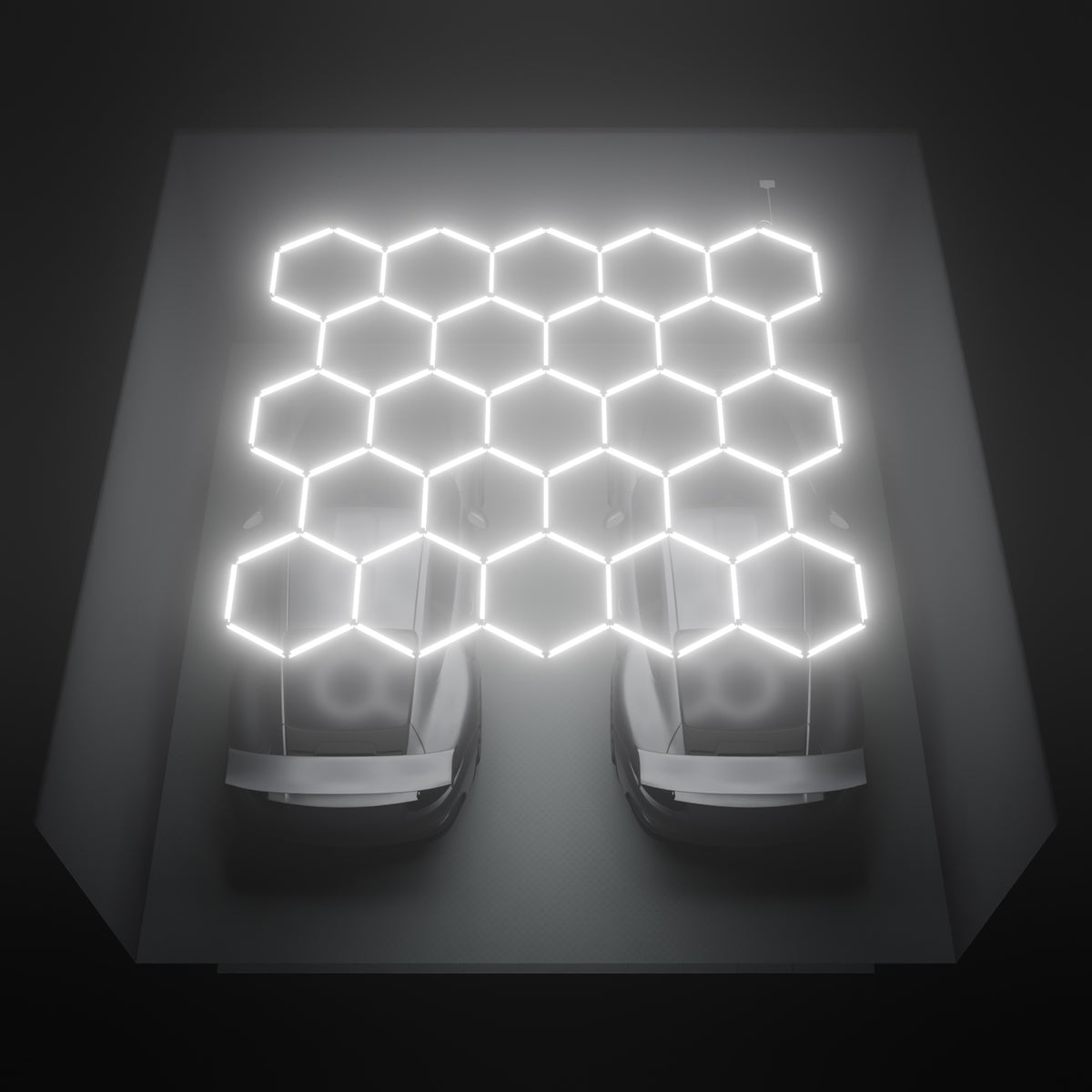 ULTRABEAM Hex Classic 23-Grid D, 4.1 x 3.8 m, lit on the ceiling of a 6 x 6 m double garage