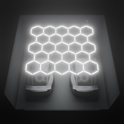 ULTRABEAM Hex Classic 23-Grid D, 4.1 x 3.8 m, lit on the ceiling of a 6 x 6 m double garage