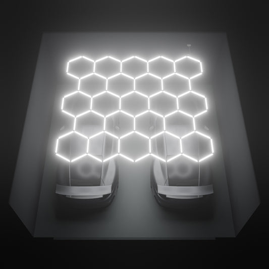 ULTRABEAM Hex Classic 23-Grid D, 4.1 x 3.8 m, lit on the ceiling of a 6 x 6 m double garage
