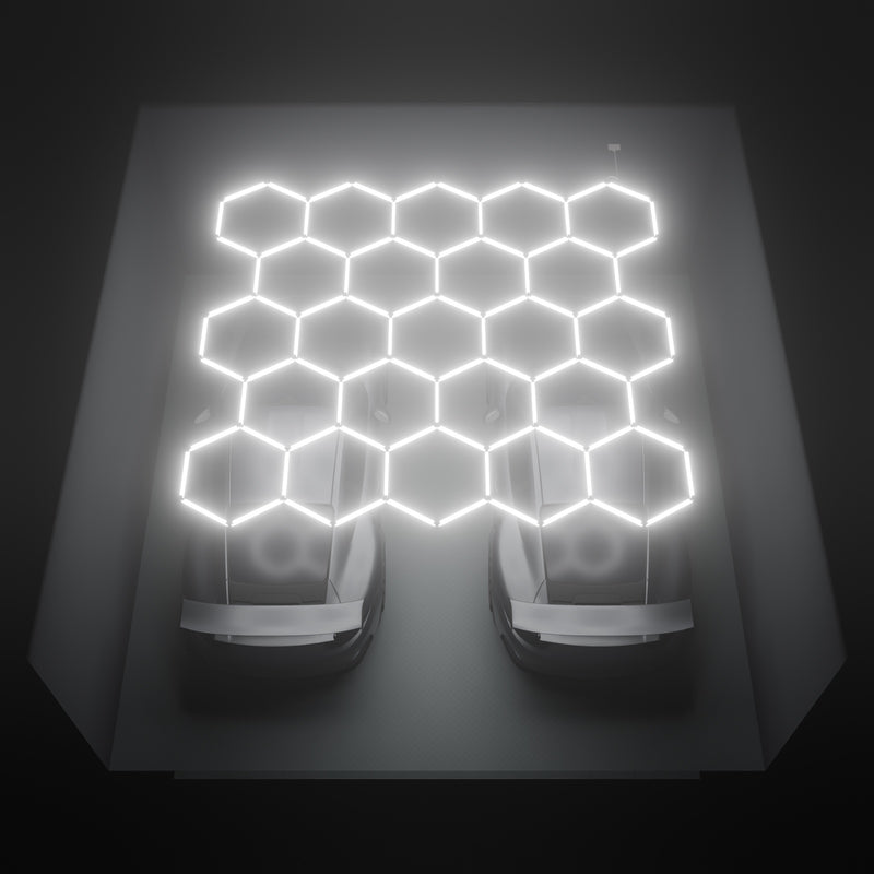 ULTRABEAM Hex Classic 23-Grid D, 4.1 x 3.8 m, lit on the ceiling of a 6 x 6 m double garage