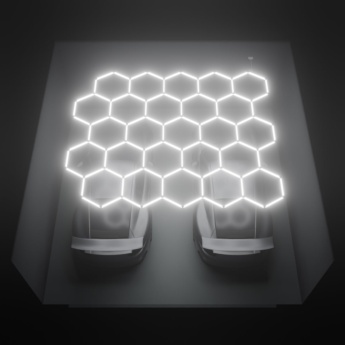 ULTRABEAM Hex Classic 25-Grid A, 4.5 x 3.8 m, lit on the ceiling of a 6 x 6 m double garage