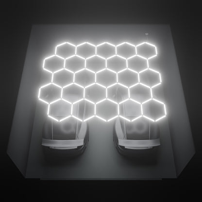 ULTRABEAM Hex Classic 25-Grid A, 4.5 x 3.8 m, lit on the ceiling of a 6 x 6 m double garage