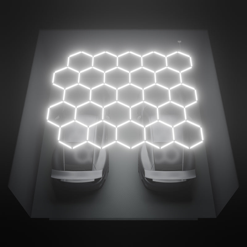 ULTRABEAM Hex Classic 25-Grid A, 4.5 x 3.8 m, lit on the ceiling of a 6 x 6 m double garage