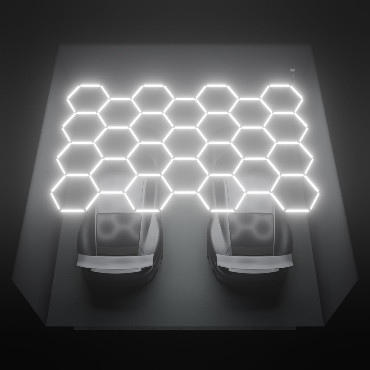 ULTRABEAM Hex Classic 25-Grid B, 5.2 x 3.3 m, lit on the ceiling of a 6 x 6 m double garage