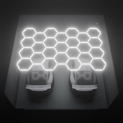 ULTRABEAM Hex Classic 25-Grid B, 5.2 x 3.3 m, lit on the ceiling of a 6 x 6 m double garage