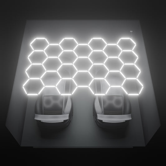 ULTRABEAM Hex Classic 25-Grid B, 5.2 x 3.3 m, lit on the ceiling of a 6 x 6 m double garage