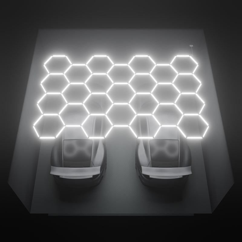 ULTRABEAM Hex Classic 25-Grid B, 5.2 x 3.3 m, lit on the ceiling of a 6 x 6 m double garage