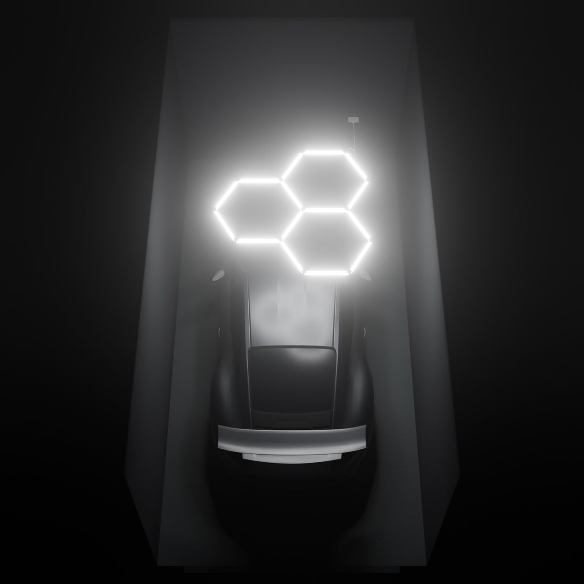 ULTRABEAM Hex Classic 3-Grid A, 1.7 x 1.7 m, lit on the ceiling of a 3 x 6 m single garage