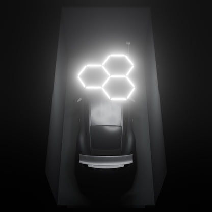 ULTRABEAM Hex Classic 3-Grid A, 1.7 x 1.7 m, lit on the ceiling of a 3 x 6 m single garage