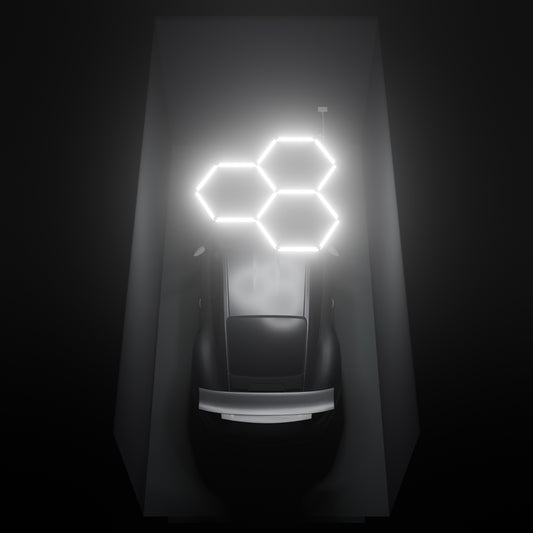 ULTRABEAM Hex Classic 3-Grid A, 1.7 x 1.7 m, lit on the ceiling of a 3 x 6 m single garage