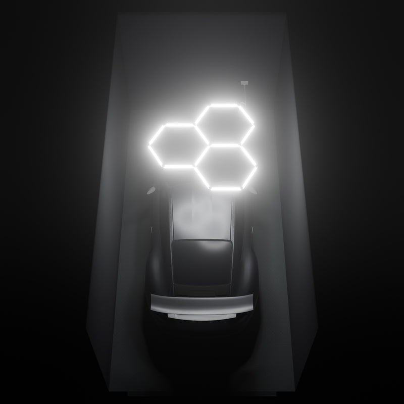 ULTRABEAM Hex Classic 3-Grid A, 1.7 x 1.7 m, lit on the ceiling of a 3 x 6 m single garage