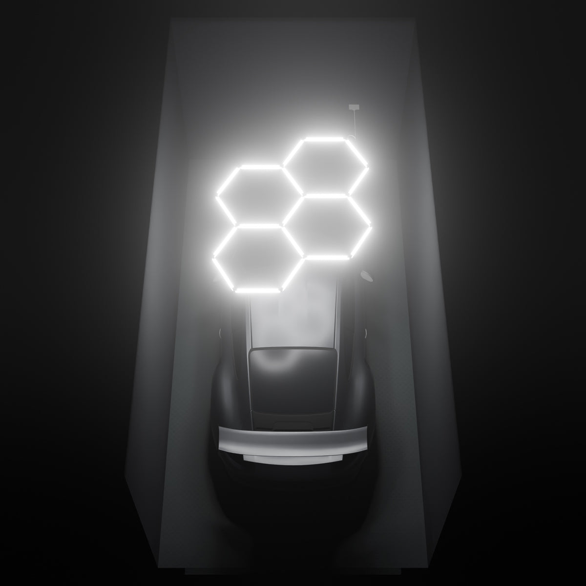 ULTRABEAM Hex Classic 4-Grid A, 2.1 x 1.7 m, lit on the ceiling of a 3 x 6 m single garage