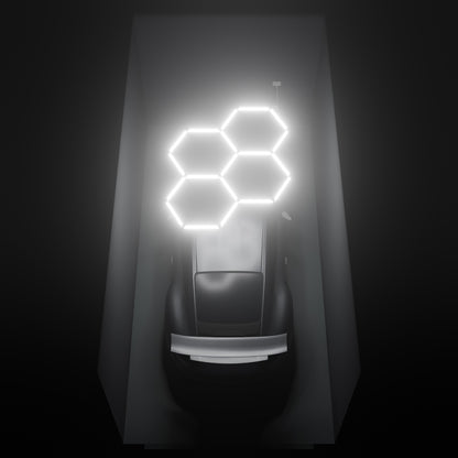 ULTRABEAM Hex Classic 4-Grid A, 2.1 x 1.7 m, lit on the ceiling of a 3 x 6 m single garage