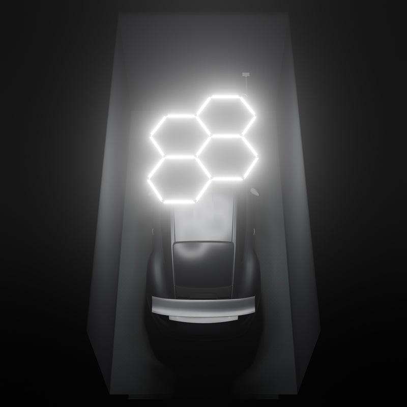 ULTRABEAM Hex Classic 4-Grid A, 2.1 x 1.7 m, lit on the ceiling of a 3 x 6 m single garage