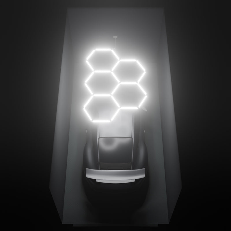 ULTRABEAM Hex Classic 5-Grid A, 2.5 x 1.7 m, lit on the ceiling of a 3 x 6 m single garage